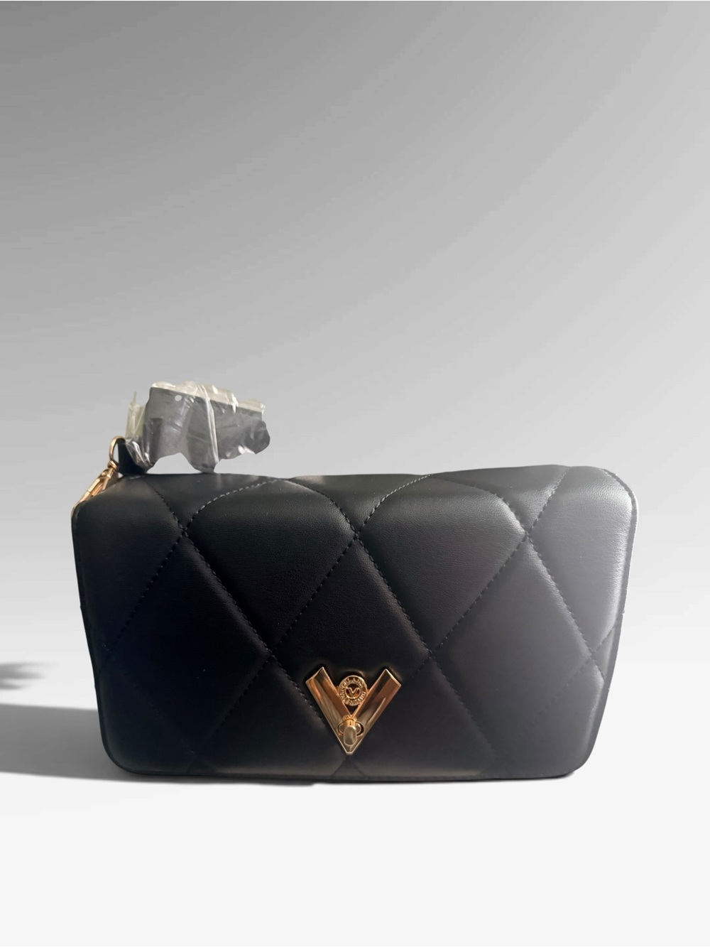 Valentino Orlandi Black Quilted Crossbody with Gold V Emblem